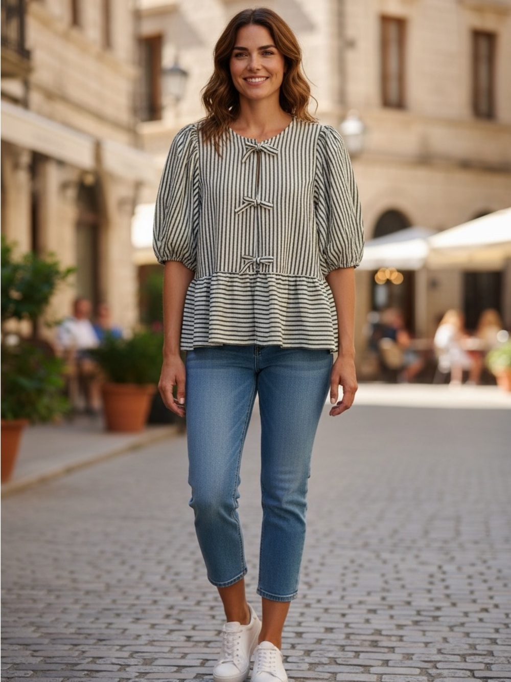 Marc New York Andrew Marc Cream Striped Tie-Front Peplum Top